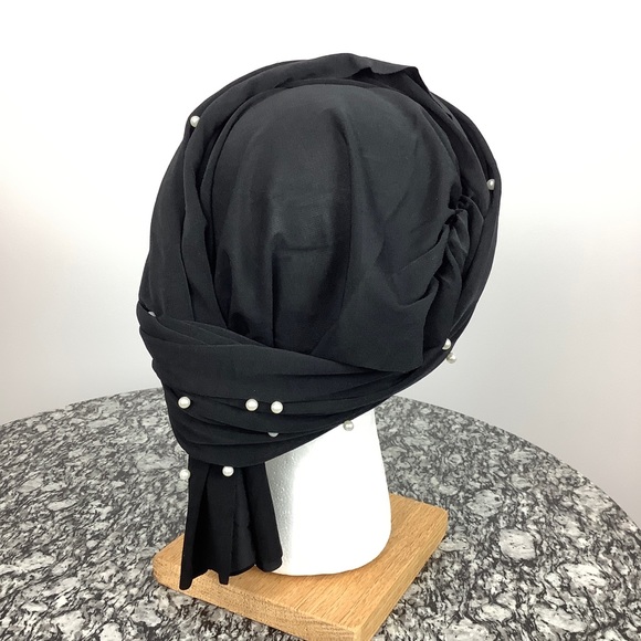 Black with Pearl Accent Fashion Bun Cap Hair Wrap - Picture 6 of 8